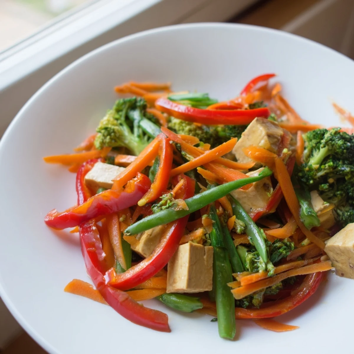 A steaming bowl of Evergreen Low Fat Stir Fry, brimming with colorful veggies and savory sauce.