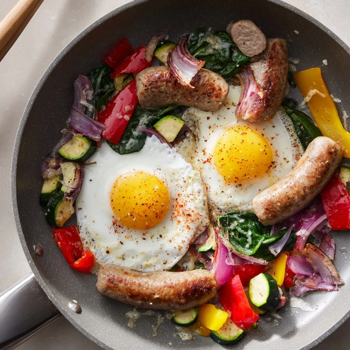Sizzling Frosty Morning Low Carb Skillet with colorful bell peppers, zucchini, and flavorful sausage in a skillet.