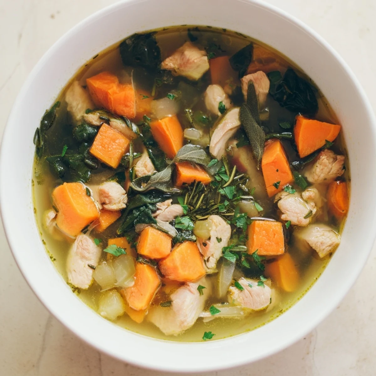 Steaming hot Crisp Air Paleo Soup showcases vibrant carrots and sweet potatoes in a comforting broth.