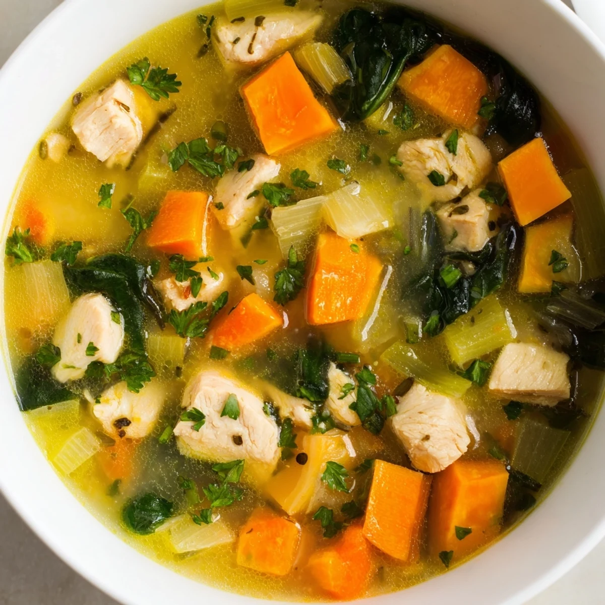 A close-up view of a flavorful bowl of Crisp Air Paleo Soup, perfect for a cozy, healthy meal.