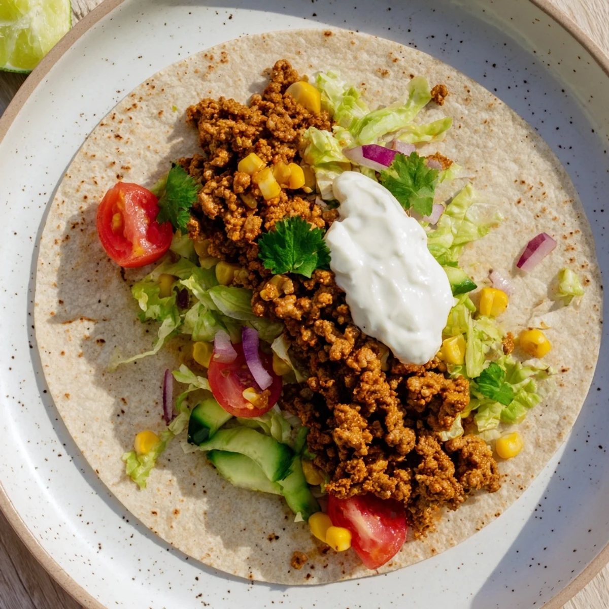 Chilly Breeze Low Fat Tacos bursting with fresh vegetables and seasoned ground turkey, ready to enjoy.