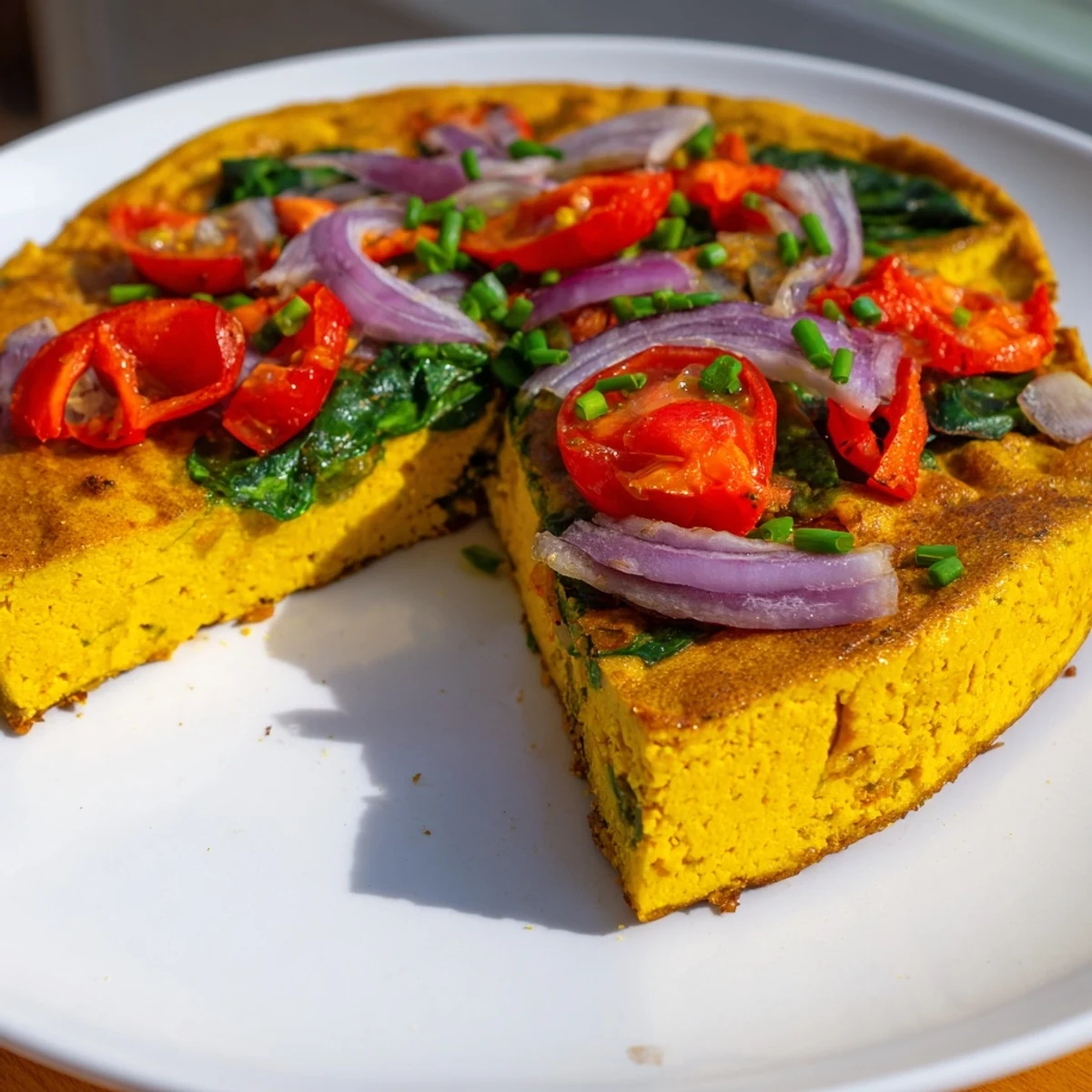 Crisp Air Vegan Frittata with vibrant vegetables, baked to a golden, flavorful finish, ready to serve.