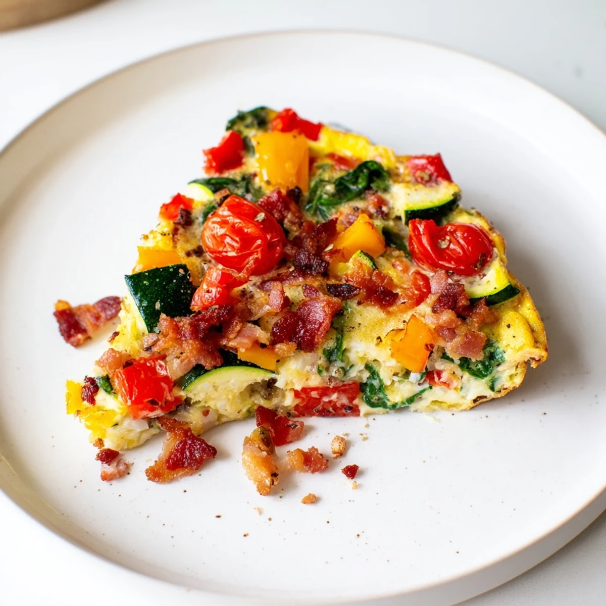 Vibrant Warm Hearth Paleo Frittata, baked with colorful vegetables and crispy bacon, ready to serve.