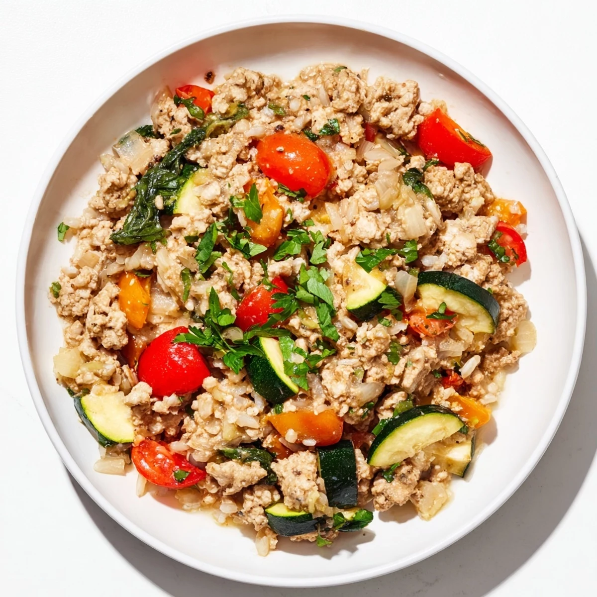 A sizzling skillet showcasing Warm Hearth Low Fat Skillet: ground turkey and colorful veggies, ready to eat.