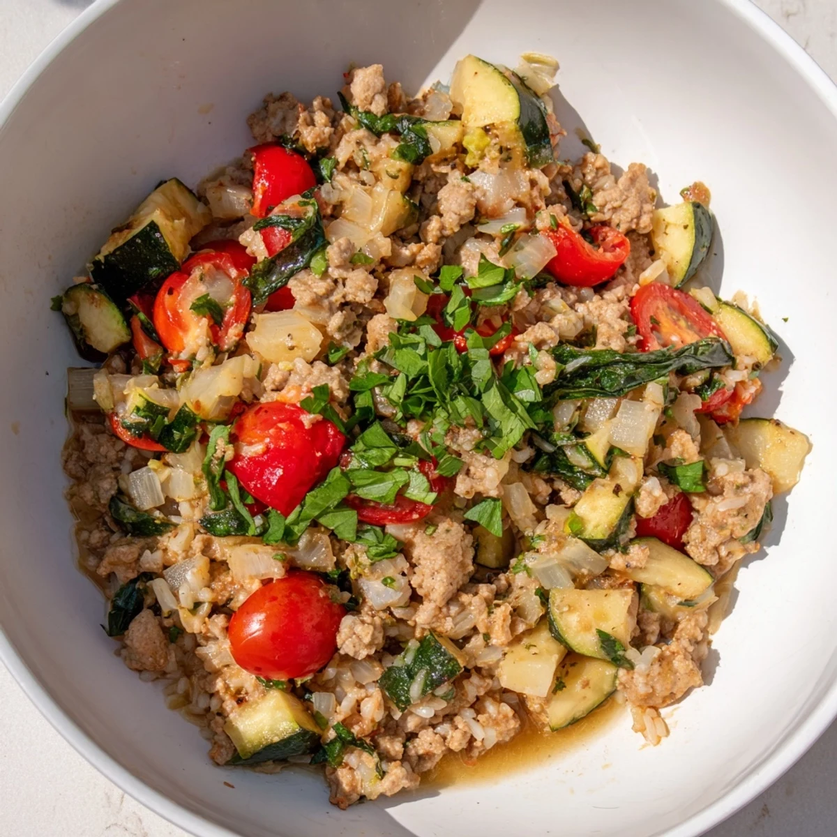 Steaming Warm Hearth Low Fat Skillet with turkey and vibrantly colored vegetables, a low-fat dinner.