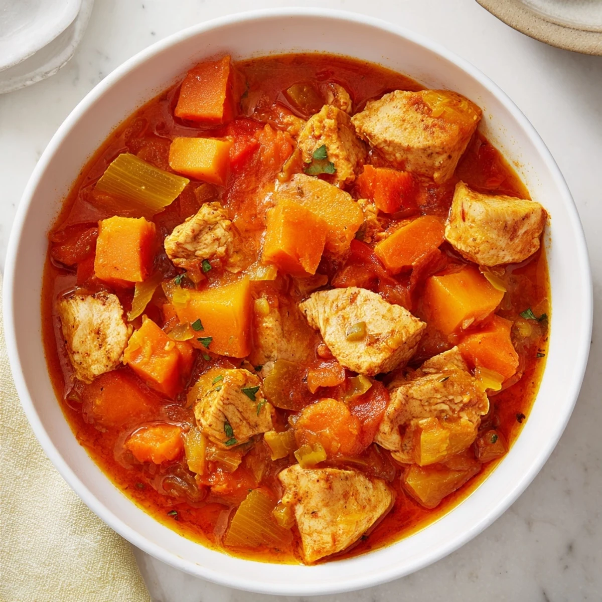 A steaming bowl of Seasonal Glow High Protein Stew, brimming with tender vegetables and savory chicken, is ready to be served.