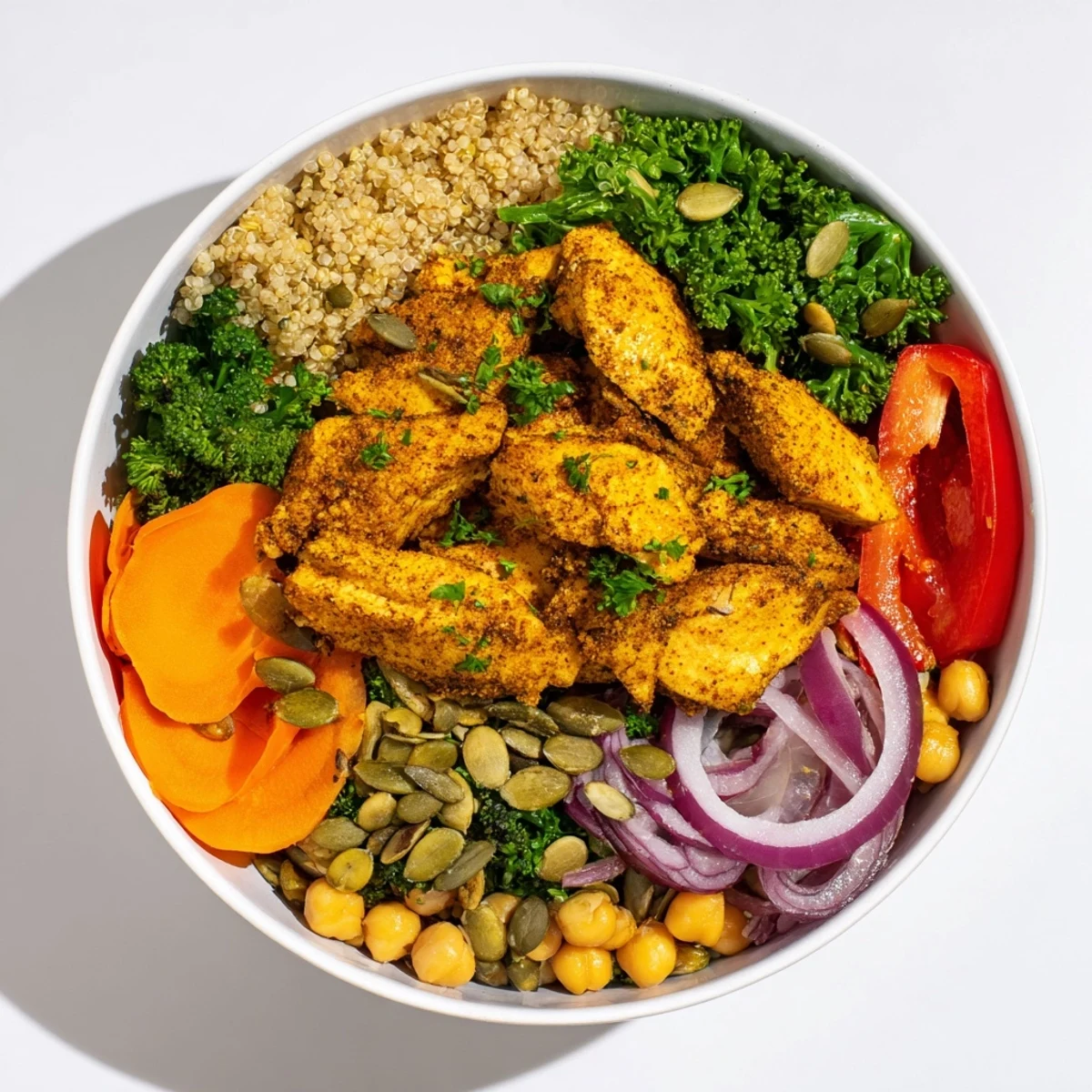 Steaming Winter Wellness High Protein Bowl, a colorful dish with chicken and roasted vegetables.