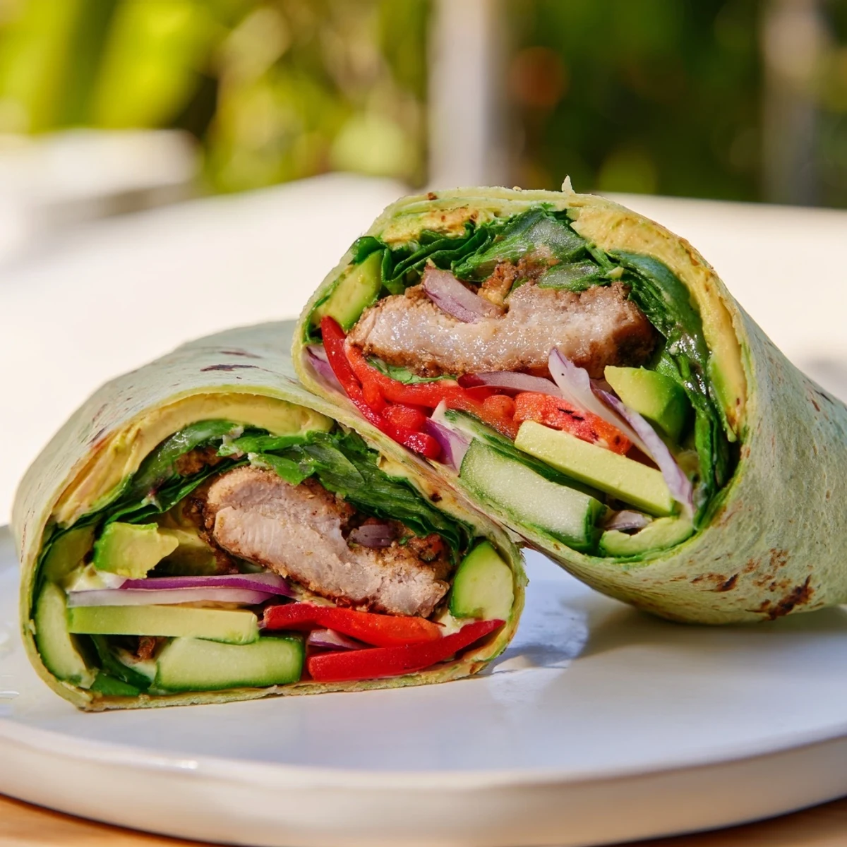 Close up of a vibrant Solstice Keto Wrap cut in half, showcasing creamy avocado and fresh ingredients.