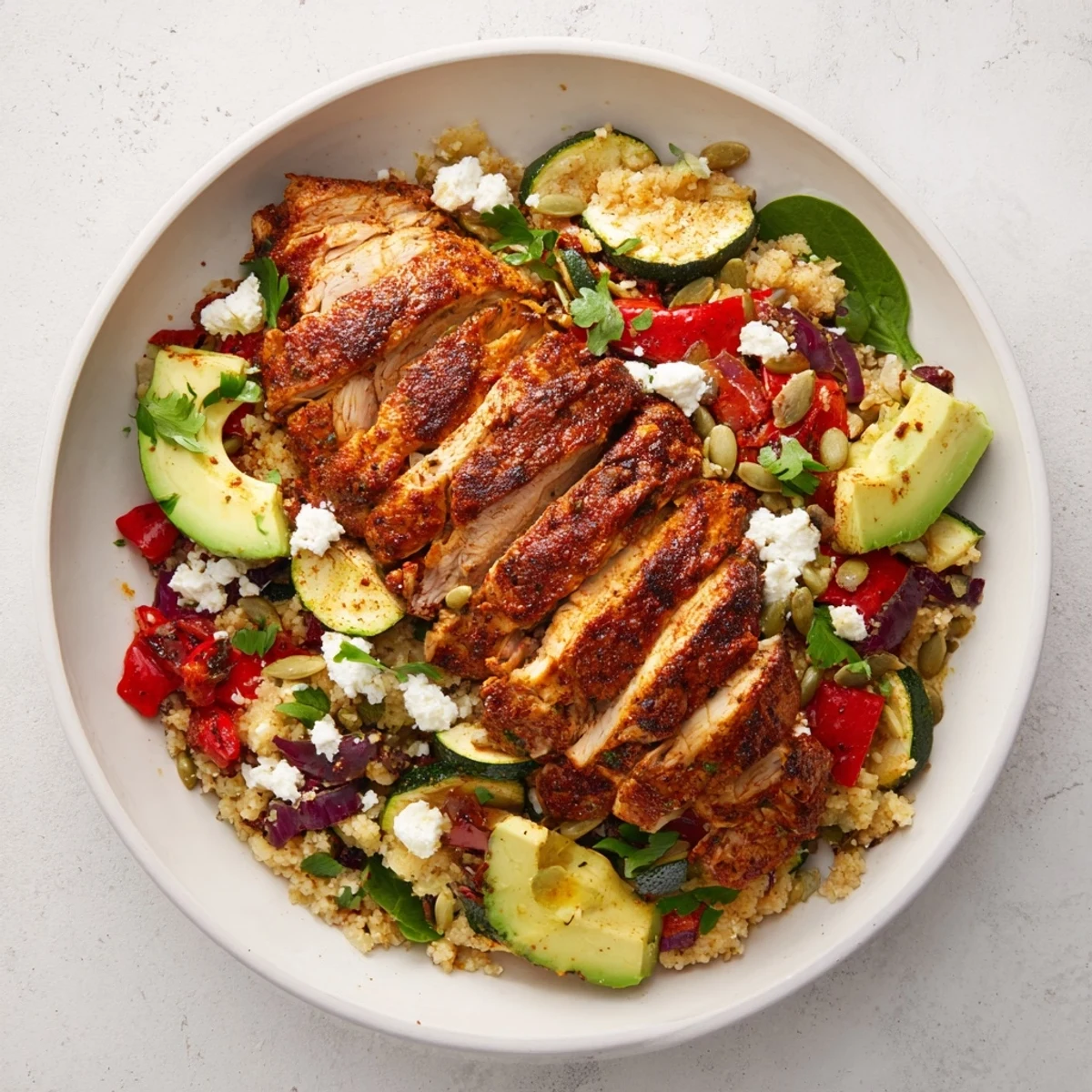 Vibrant Crisp Air Low Carb Grain Bowl with grilled chicken, roasted veggies, and a tangy dressing.