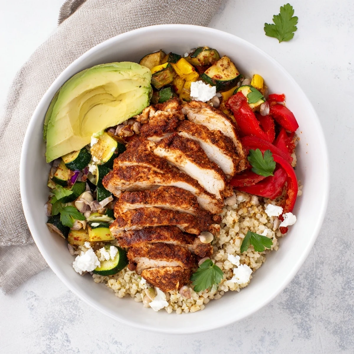 A colorful Crisp Air Low Carb Grain Bowl with avocado slices, feta, and fresh parsley for visual appeal.