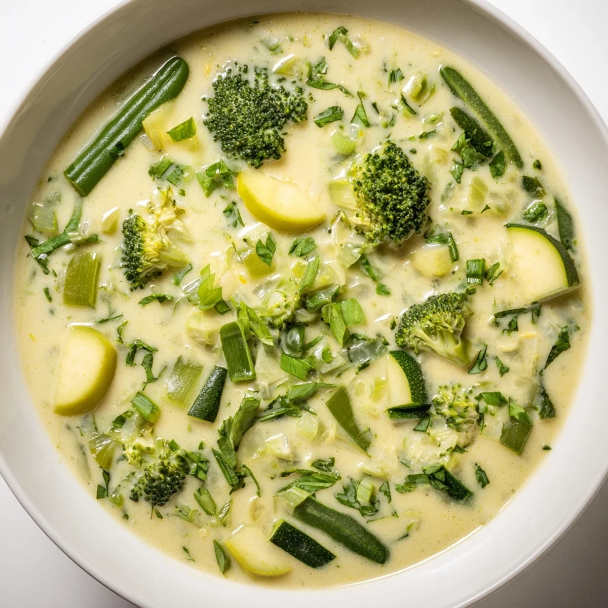 Evergreen Low Fat Soup: a steaming bowl of vibrant green vegetables and broth, perfect for a cozy meal.