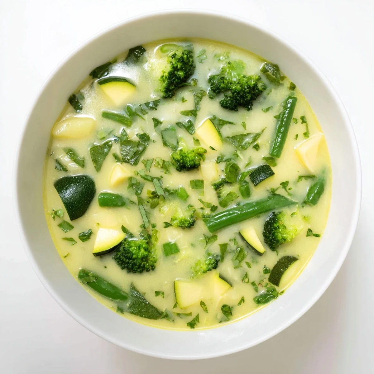 Enjoy this healthy Evergreen Low Fat Soup, garnished with fresh parsley and a bright squeeze of lemon juice.