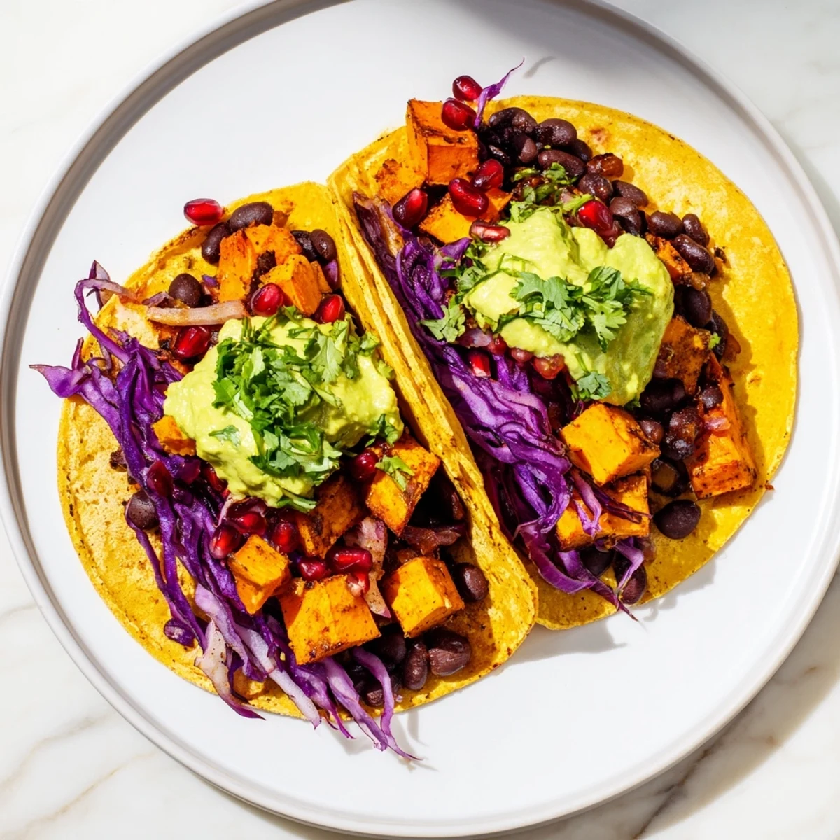 Steaming Frosty Morning Vegan Tacos overflowing with roasted vegetables and creamy avocado crema, a vibrant vegan dish.