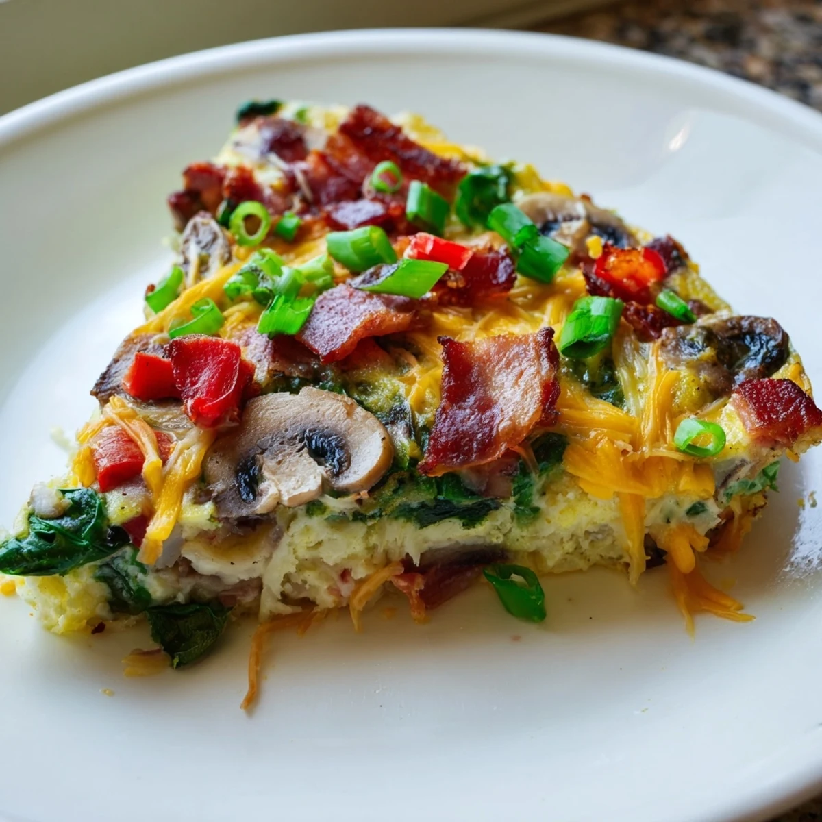Golden-brown Snowy Day Keto Frittata, filled with bacon and cheese, ready to serve with a fork.