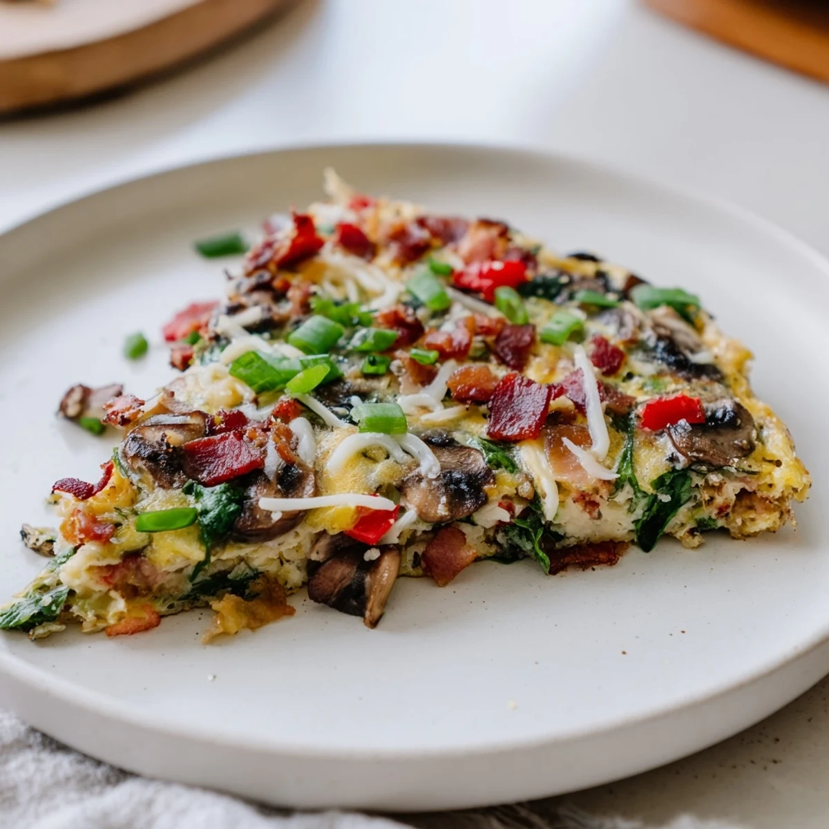 A steaming skillet of Snowy Day Keto Frittata with fluffy eggs, vegetables, and crispy bacon.
