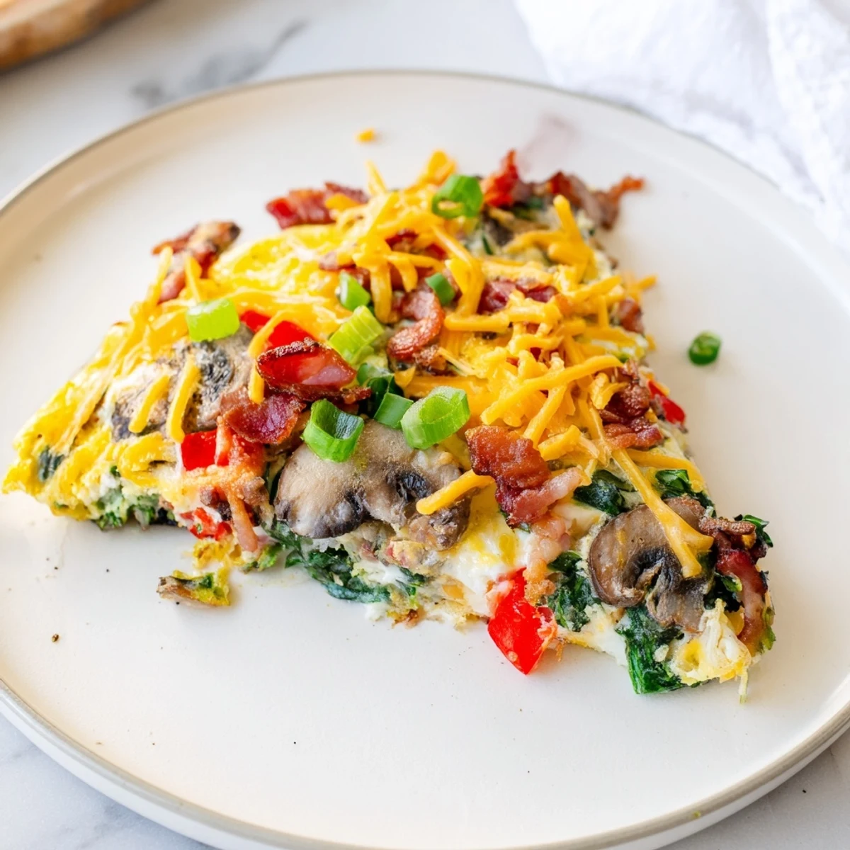 This savory, keto-friendly Snowy Day Frittata features melted cheese and a colorful array of fresh vegetables.