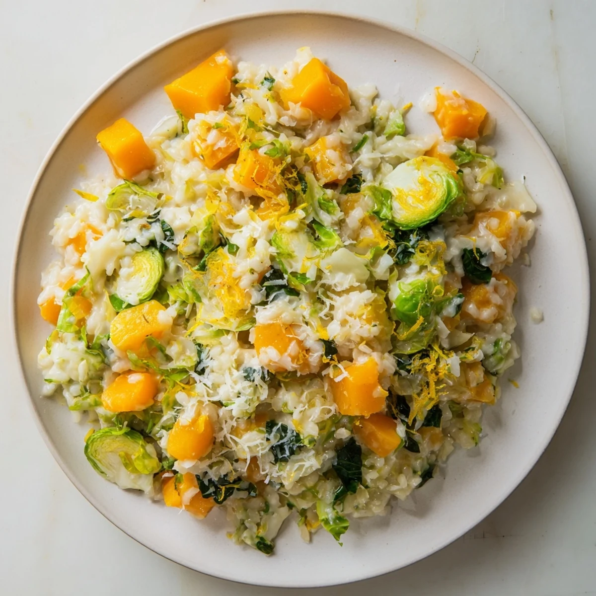 Close-up of a steaming bowl of Winter Harvest Low Carb Risotto, ready to be enjoyed.