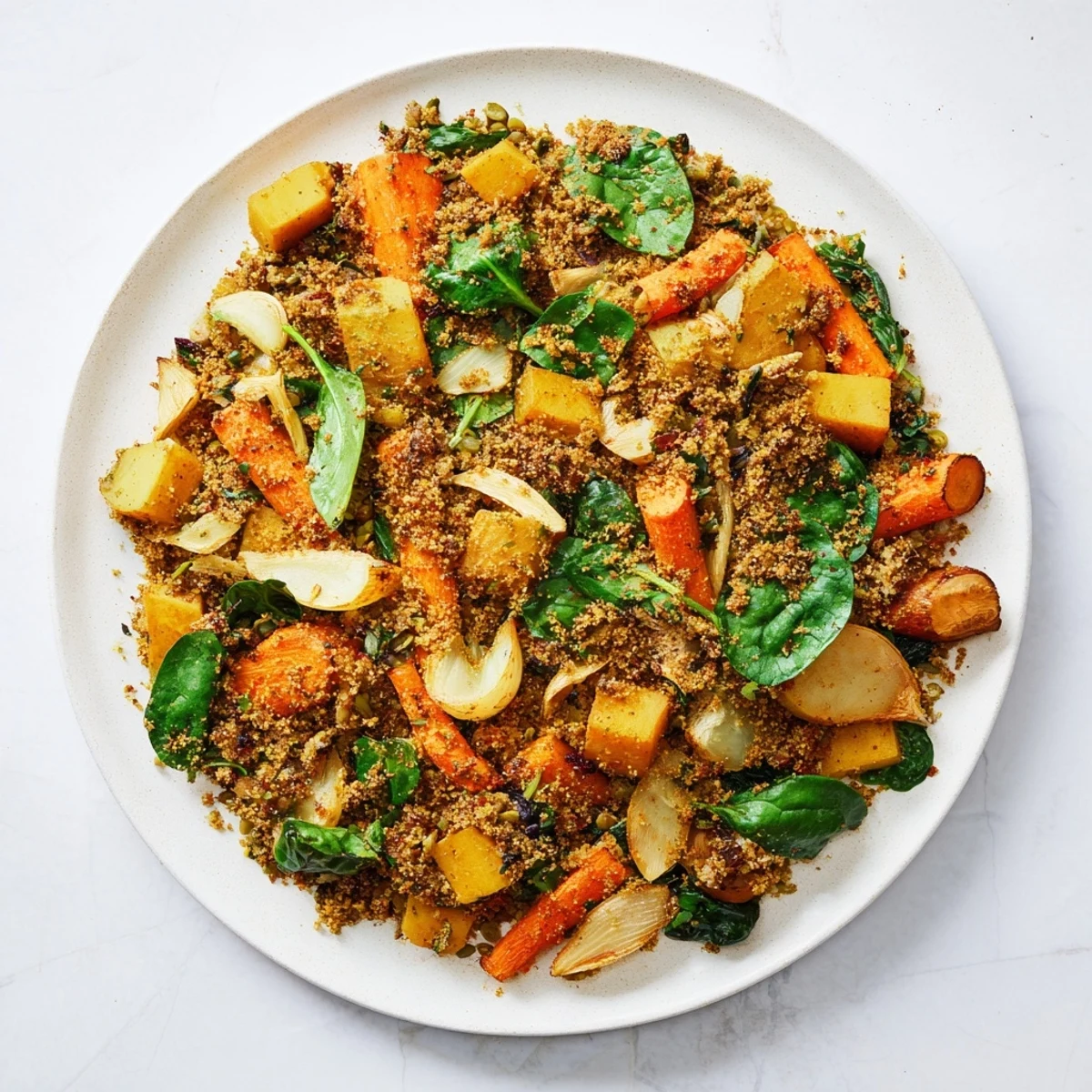 Warm and inviting New Year Vegan Casserole with vegetables and a golden, bubbly crust is ready to serve.