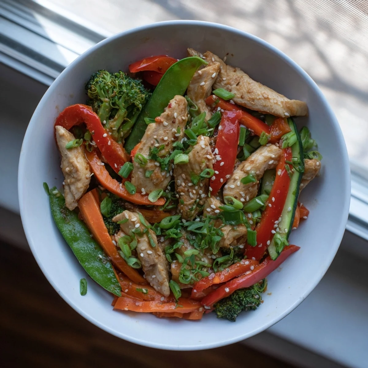 Sizzling skillet of Seasonal Glow Paleo Stir Fry features tender chicken and vibrant vegetables, ready to serve.