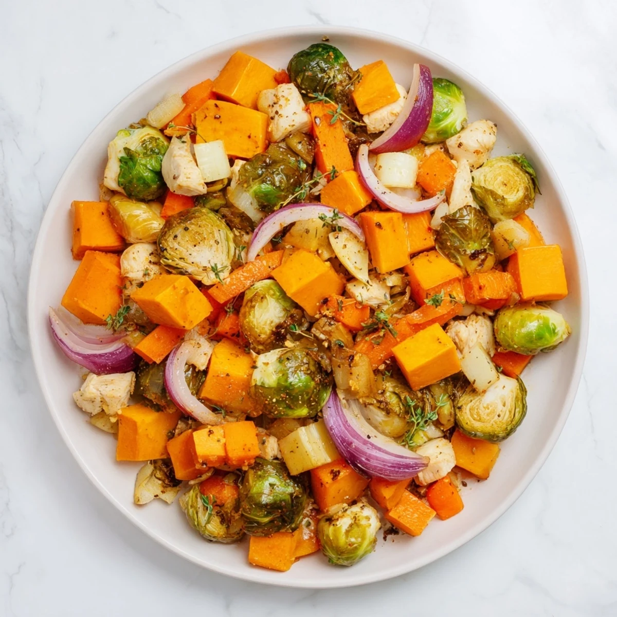 Golden-brown Winter Garden Paleo Bake, a delicious mix of roasted winter vegetables and chicken.