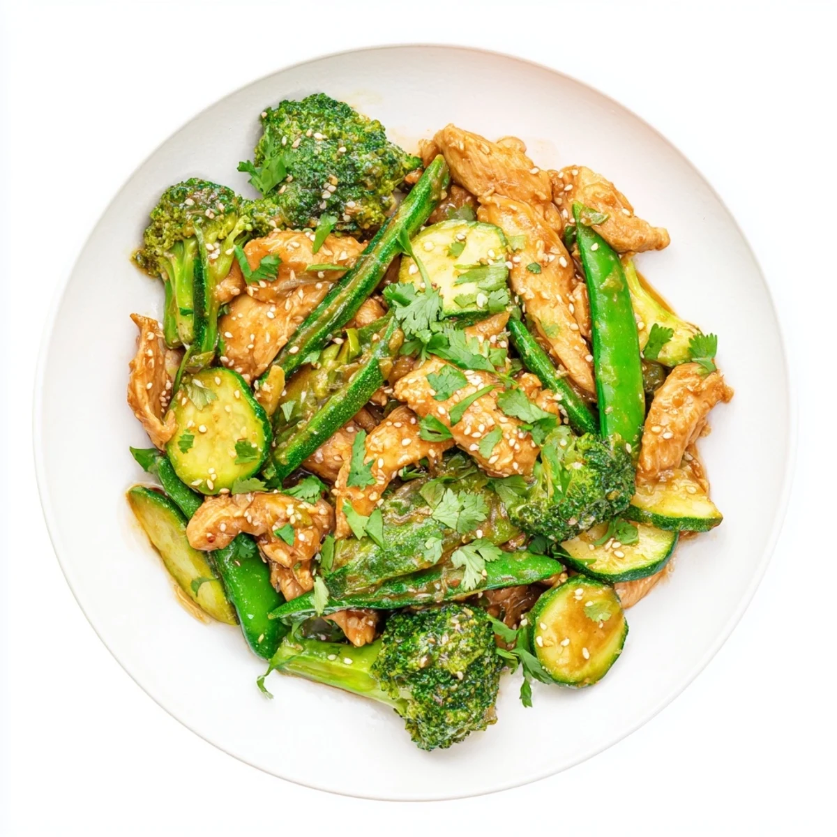 Aromatic evergreen low carb stir fry with tender chicken and crisp snap peas, garnished with sesame seeds waiting to be savored.