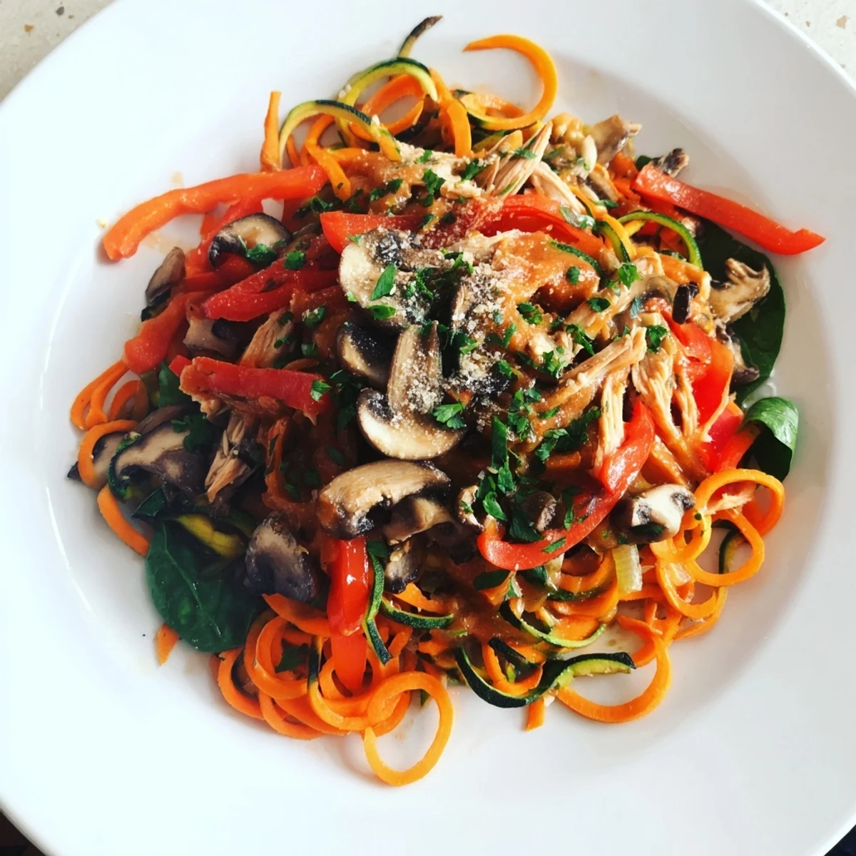 Steaming Winter Wellness Paleo Pasta with vibrant spiralized vegetables and rich, hearty sauce.