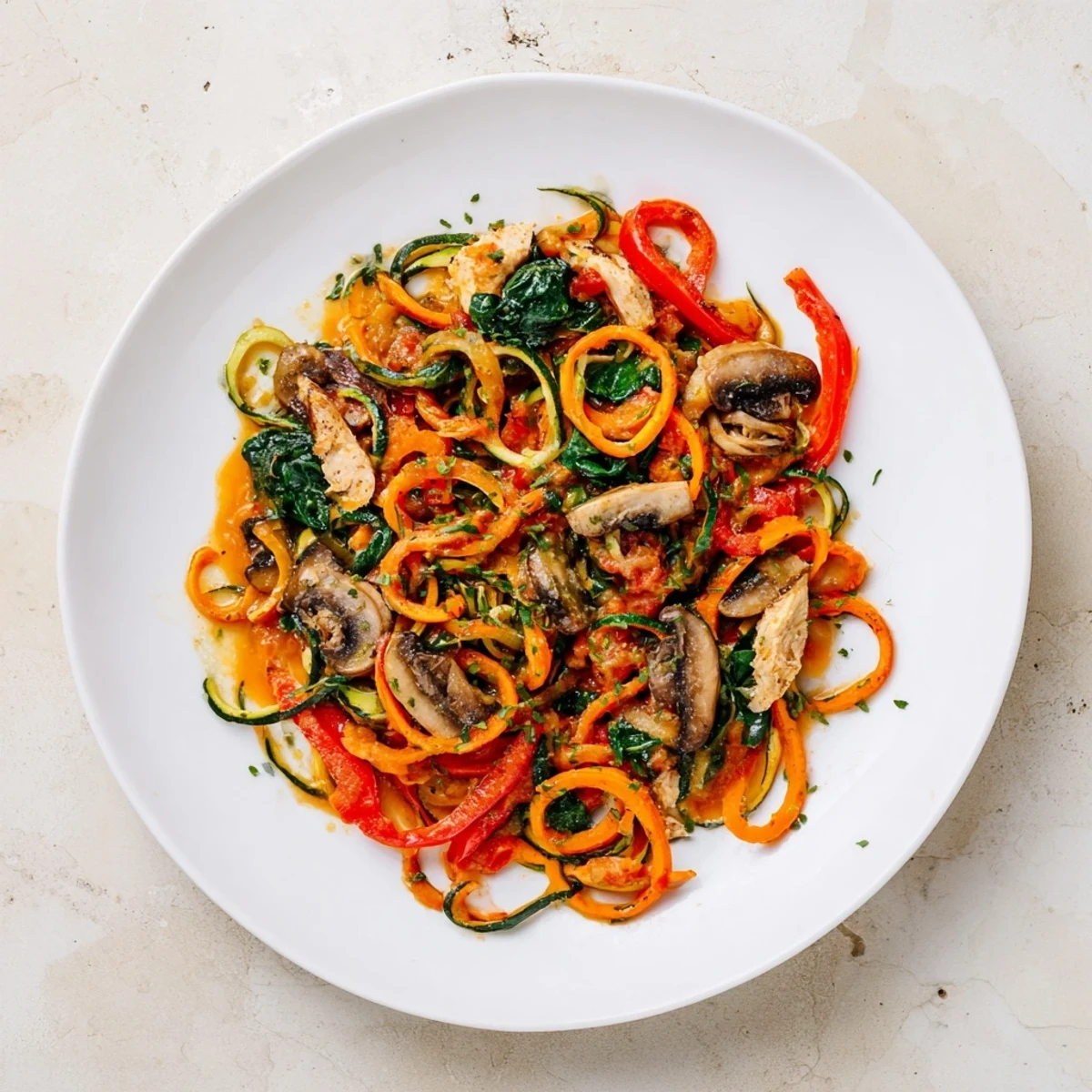 A close-up of a colorful bowl of Winter Wellness Paleo Pasta, garnished with fresh parsley.