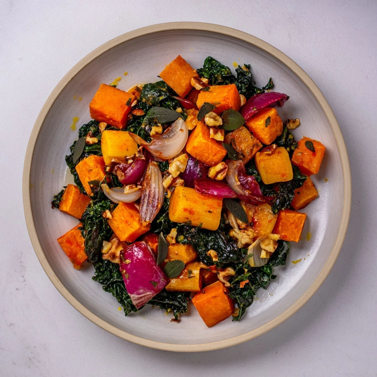 Winter Harvest Paleo Pasta, a colorful dish with roasted vegetables and gluten-free pasta, is ready to serve.