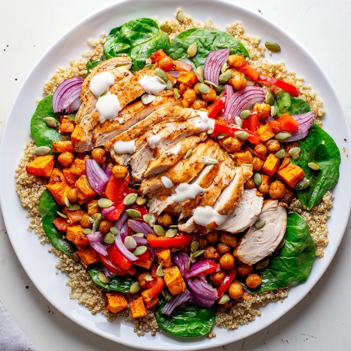 A colorful Fireside High Protein Bowl with glistening roasted sweet potatoes and perfectly seasoned chicken.