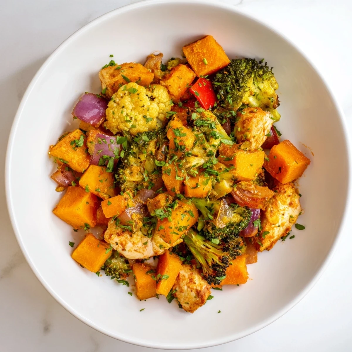 A hearty Seasonal Glow Paleo Casserole, with golden-brown chicken and vibrant seasonal vegetables, ready for serving.