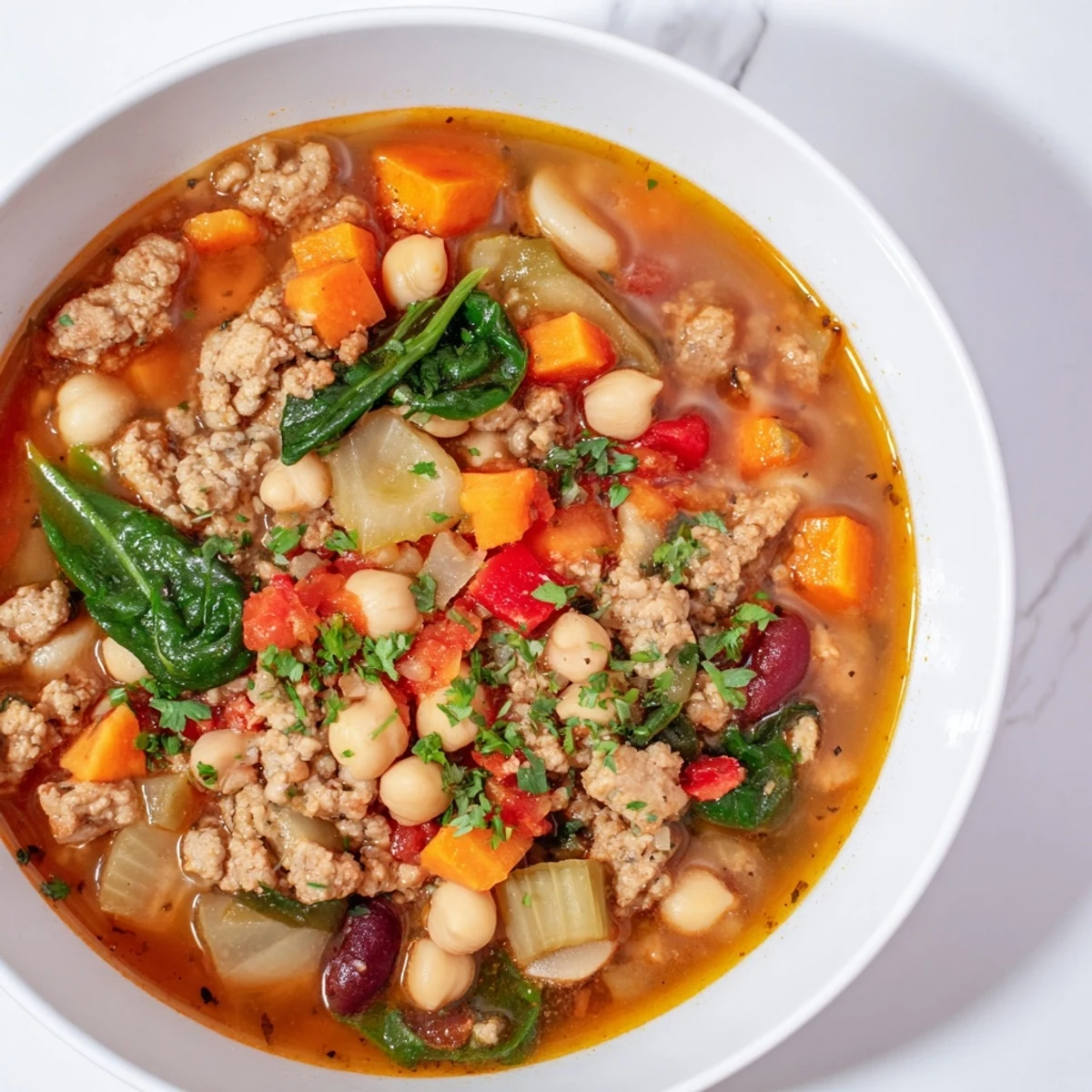 Steaming bowl of Holiday Market High Protein Soup, brimming with colorful vegetables and herbs.