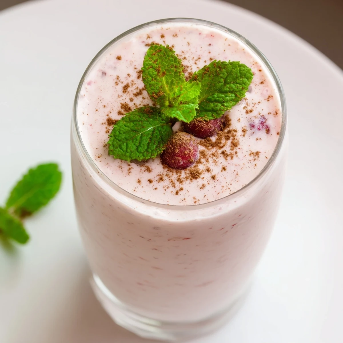 Vibrant Holiday Market Low Carb Smoothie, a creamy blend of red berries and warming spices, ready to enjoy.