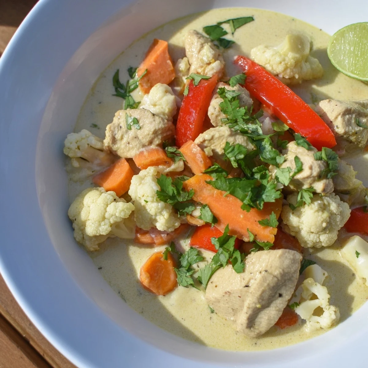 A steaming bowl of Snowy Day Paleo Curry with tender chicken and vibrant vegetables, ready to eat.