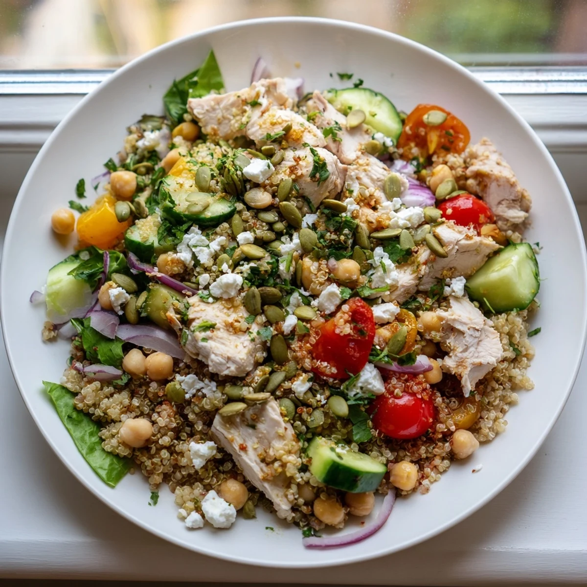 Delectable New Year High Protein Salad prepared with fresh spinach, and a sprinkle of toasted pumpkin seeds.