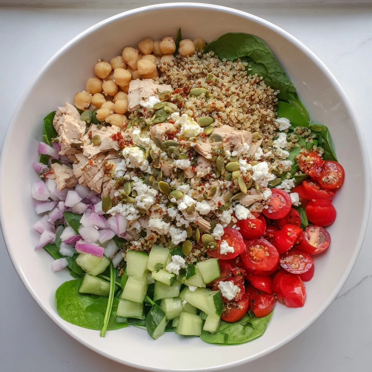 A hearty bowl of New Year High Protein Salad, with chickpeas, chicken, and a drizzle of flavorful dressing.