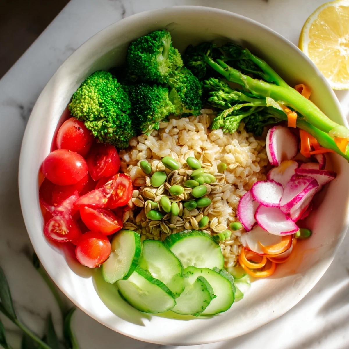 A hearty, satisfying Evergreen Low Fat Grain Bowl featuring steaming broccoli and tender grains ready to serve.
