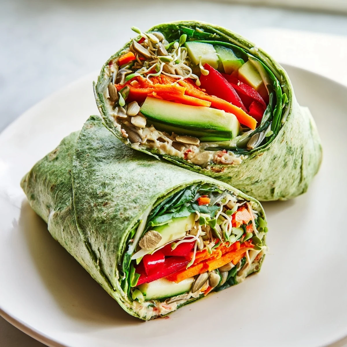 Vibrant Evergreen Vegan Wrap filled with colorful vegetables, perfect for a quick, healthy lunch.
