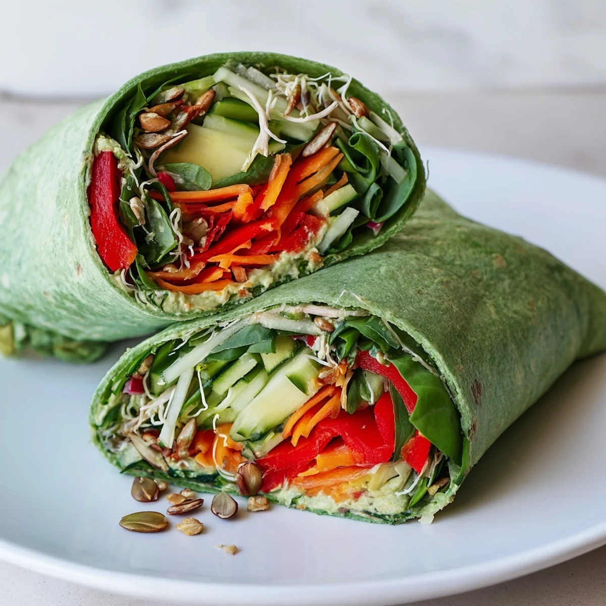 Crisp veggies and creamy avocado fill this healthy Evergreen Vegan Wrap, ready to enjoy.