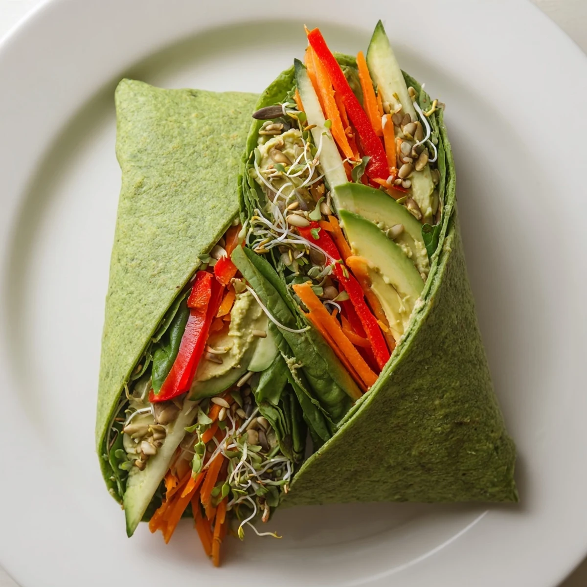A delicious Evergreen Vegan Wrap, showcasing a delightful blend of fresh, flavorful ingredients, ready to eat.