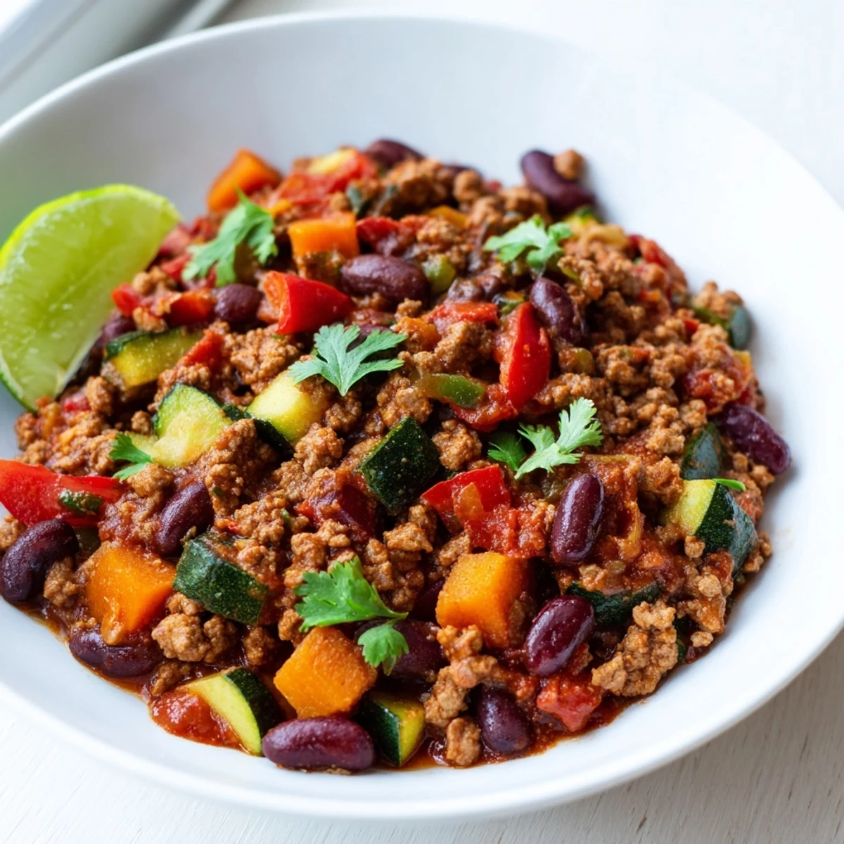 Steaming bowl of Crisp Air Low Fat Chili with cilantro, a healthy, flavorful meal.