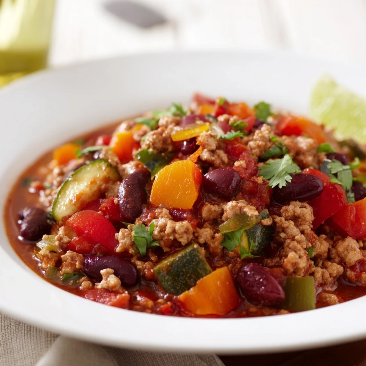 A close-up of hearty, low-fat Crisp Air Chili, featuring rich tomatoes, beans, and meat.