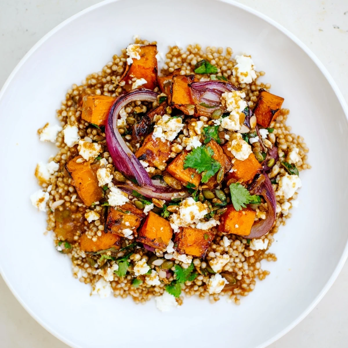 Savory millet and roasted squash bowl features golden squash, fragrant smoky dressing, and fresh herbs.