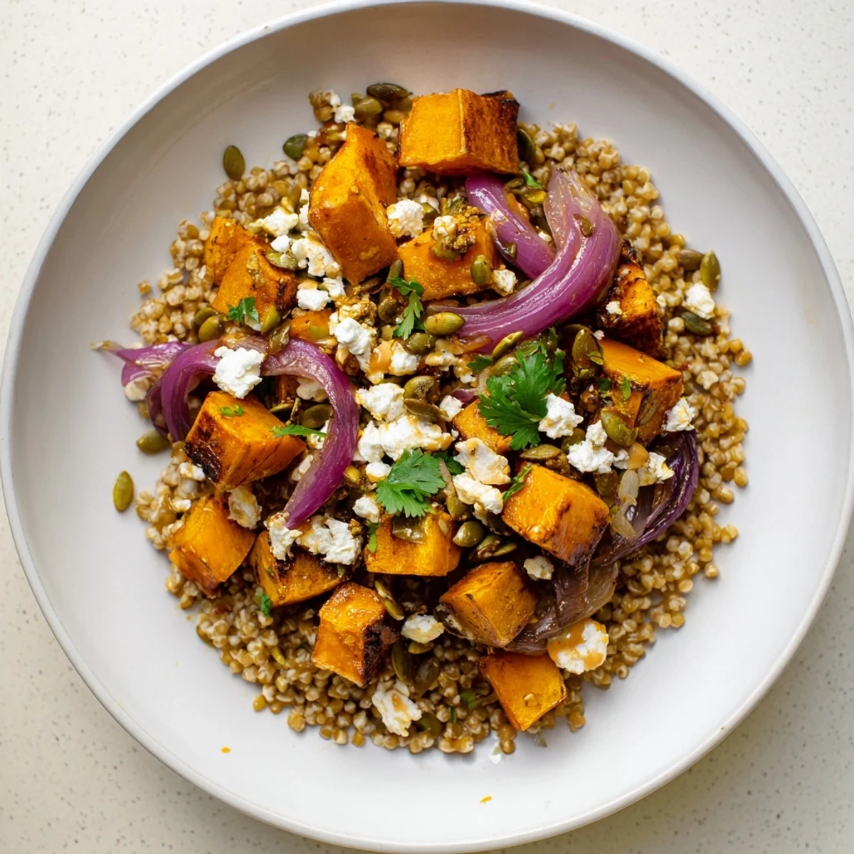A vibrantly colorful millet and roasted squash bowl, drizzled with smoky dressing, is ideal for a healthy lunch.
