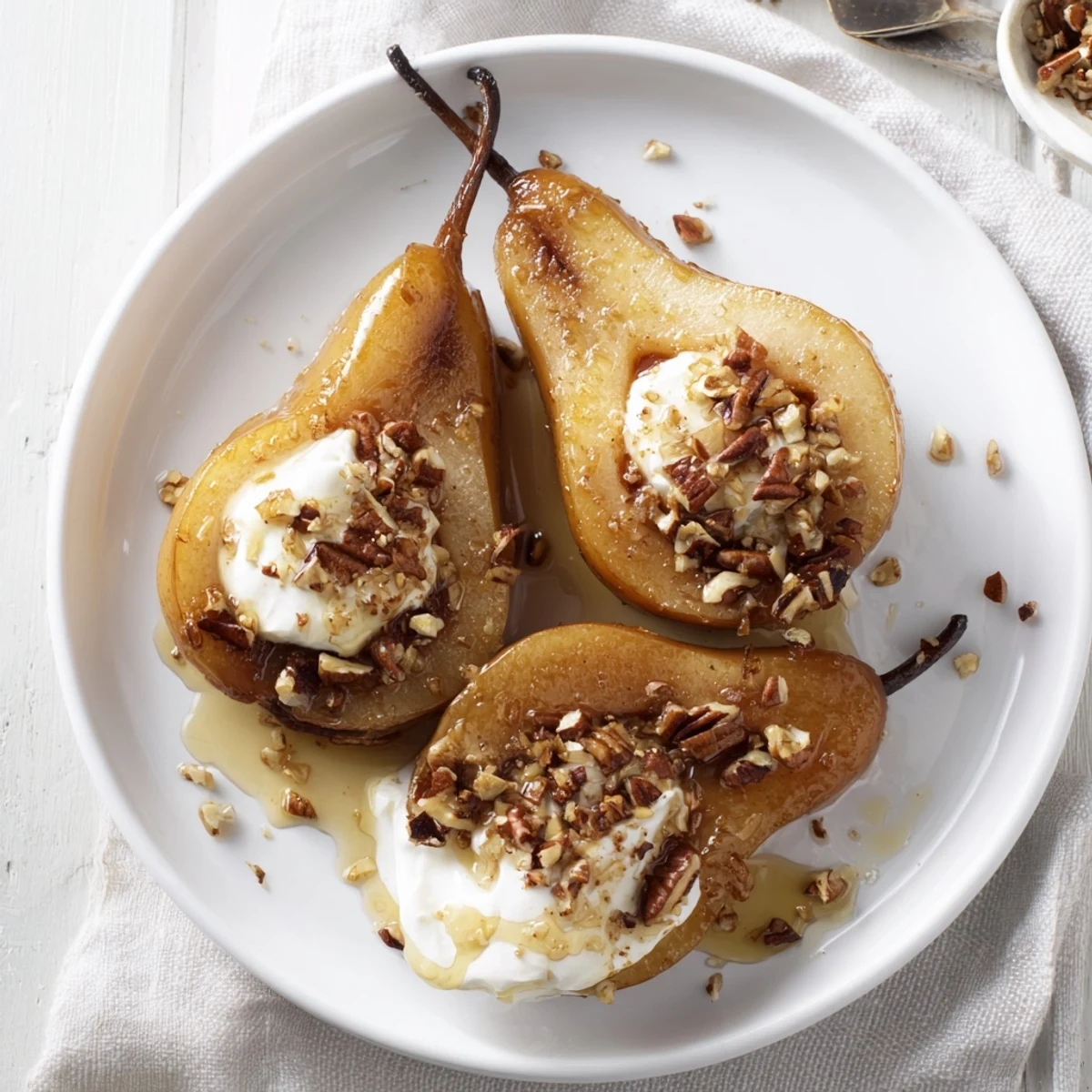 Warm, glazed ginger baked pear slices, topped with toasted nuts and ready to serve.