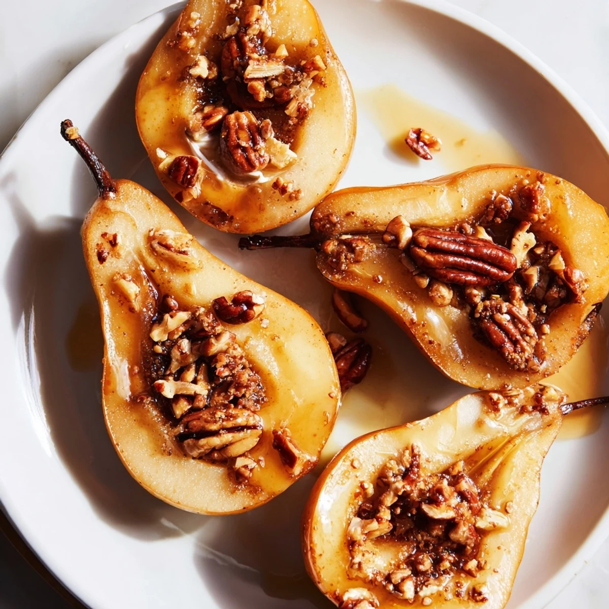 Glistening baked ginger pears, infused with honey and cinnamon, perfect for a cozy dessert.