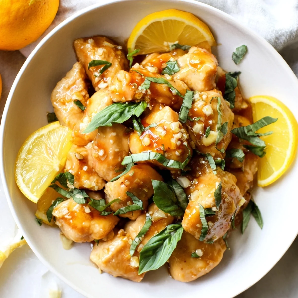 A delicious close-up of fragrant Lemon Fresh Citrus Basil Chicken, perfect for a Mediterranean meal.