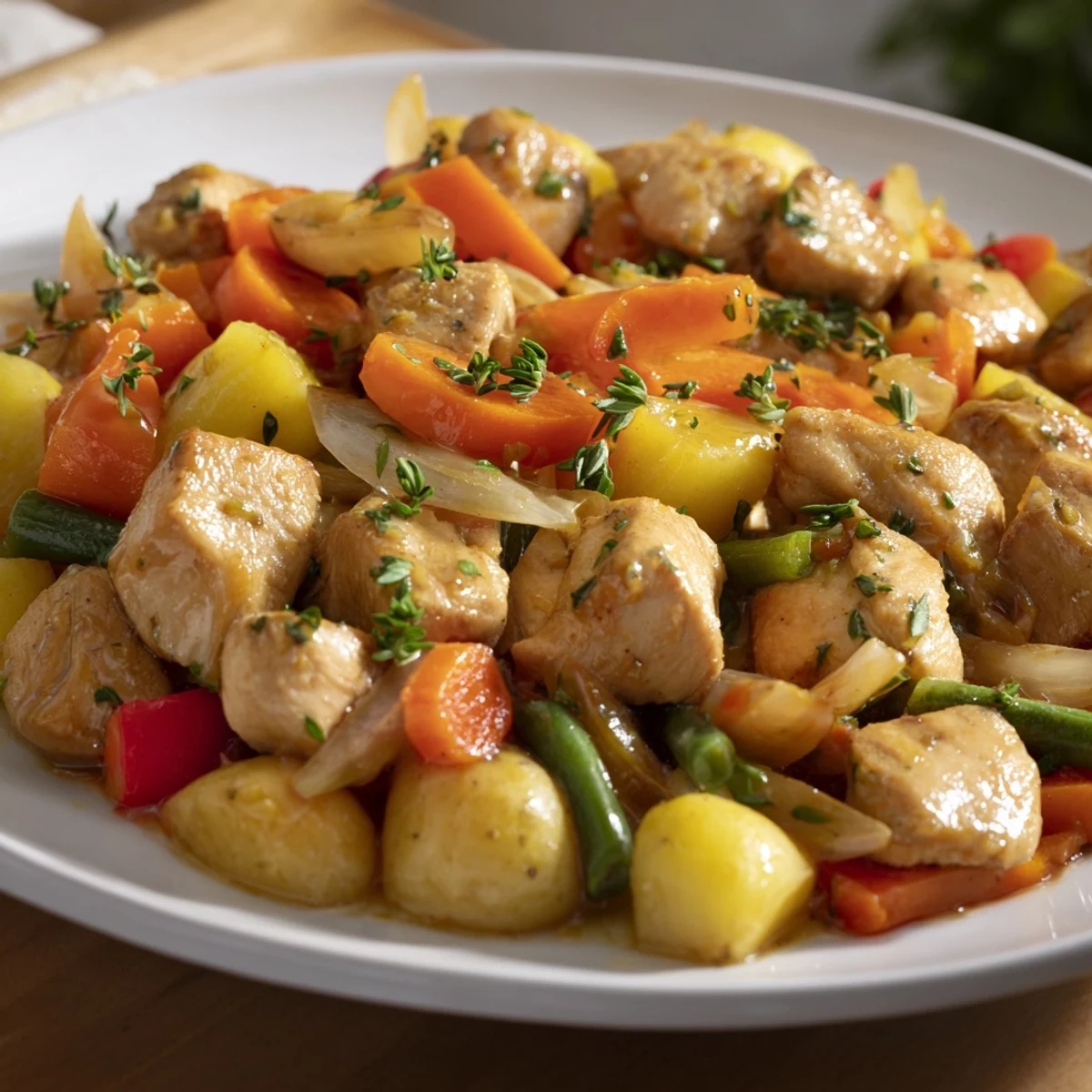 A close-up of a delicious Cozy Garlic Herb Turkey Skillet, filled with tender meat and vegetables.