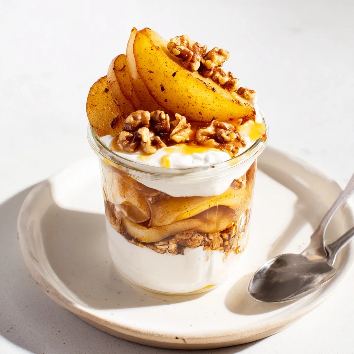 This image shows a beautifully arranged roasted maple kissed pear parfait, glistening with maple syrup and nuts.