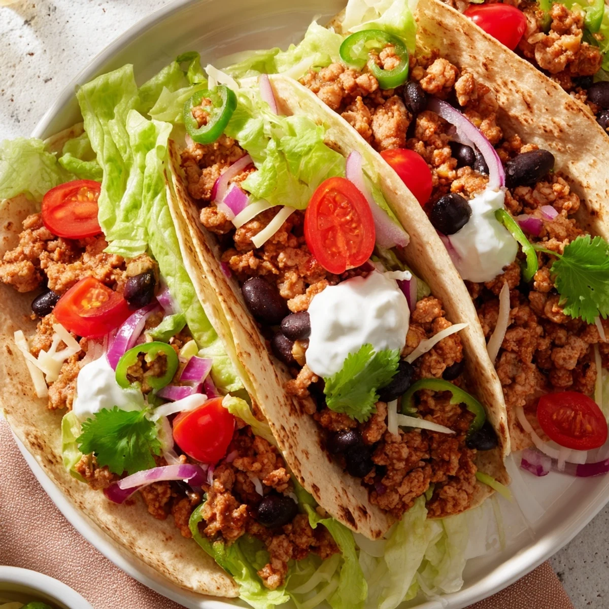 Smoky Fireside High Protein Tacos overflowing with savory ground turkey, beans, and colorful toppings, ready to eat!