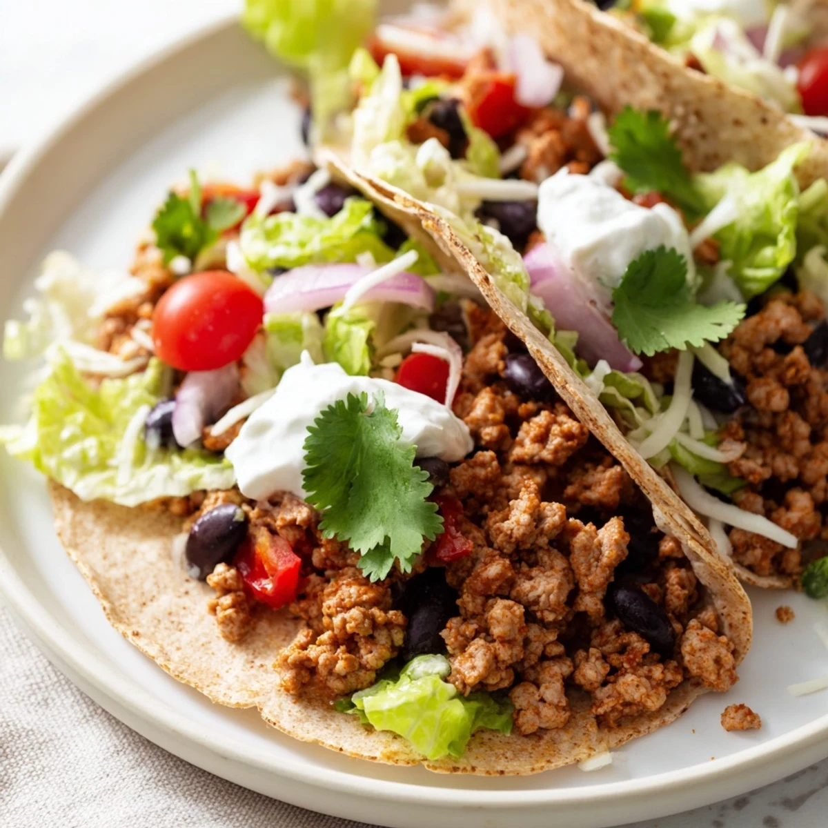 Delicious, high-protein Fireside Tacos with perfectly spiced turkey and vibrant vegetables atop warm tortillas.